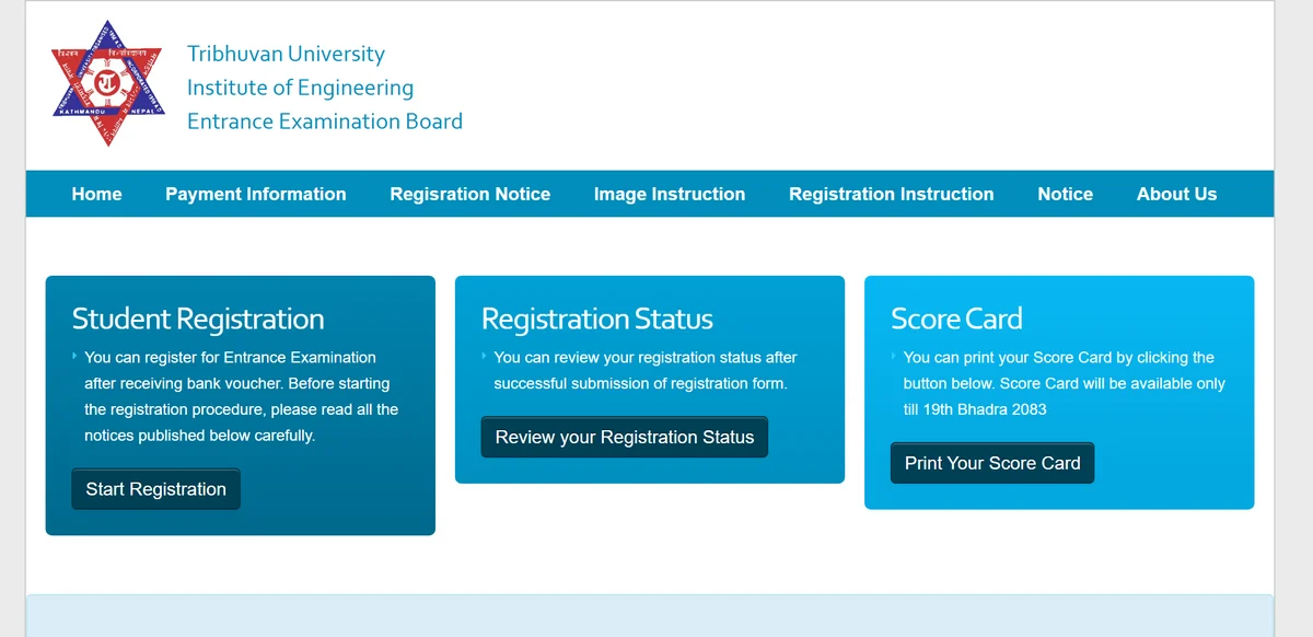 The entrance.ioe.edu.np home page, showing the Score Card panel and its Print Your Score Card button.