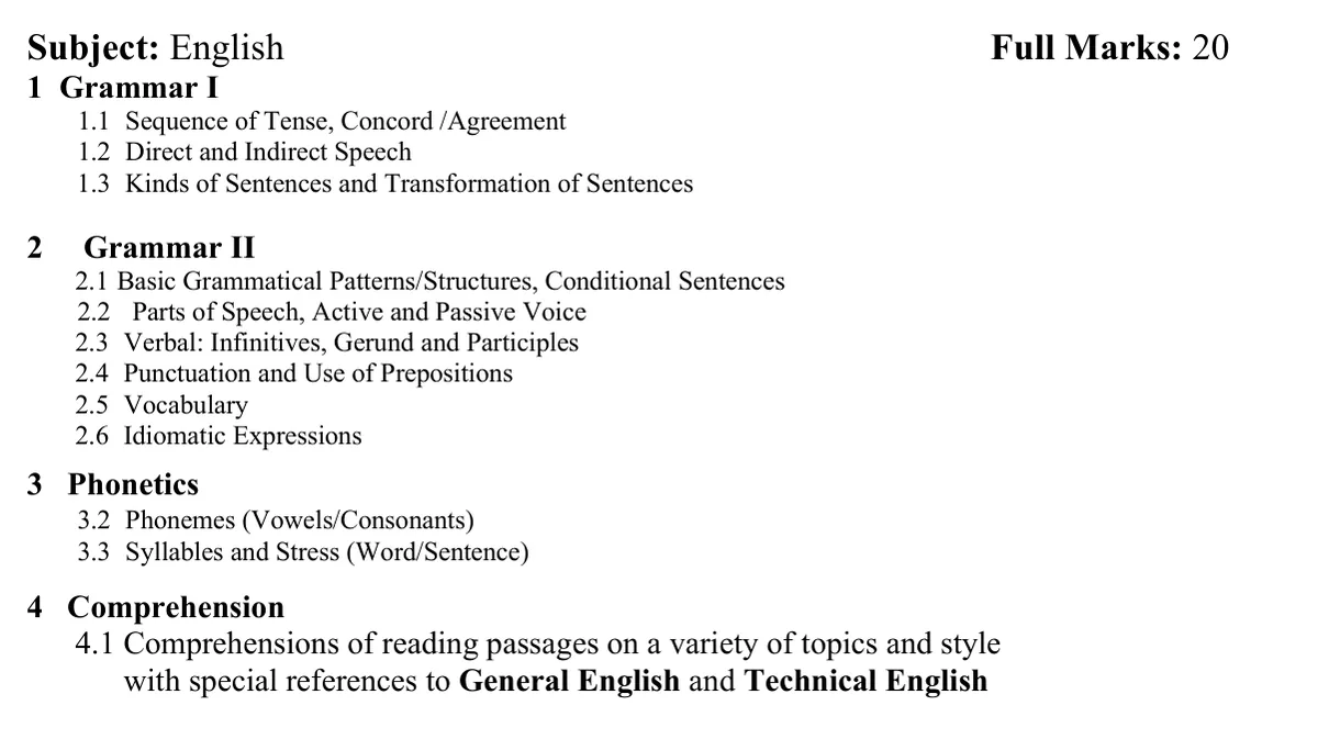 IOE’s 2083 entrance English syllabus, headed Full Marks 20, listing Grammar I and II, Phonetics and Comprehension.