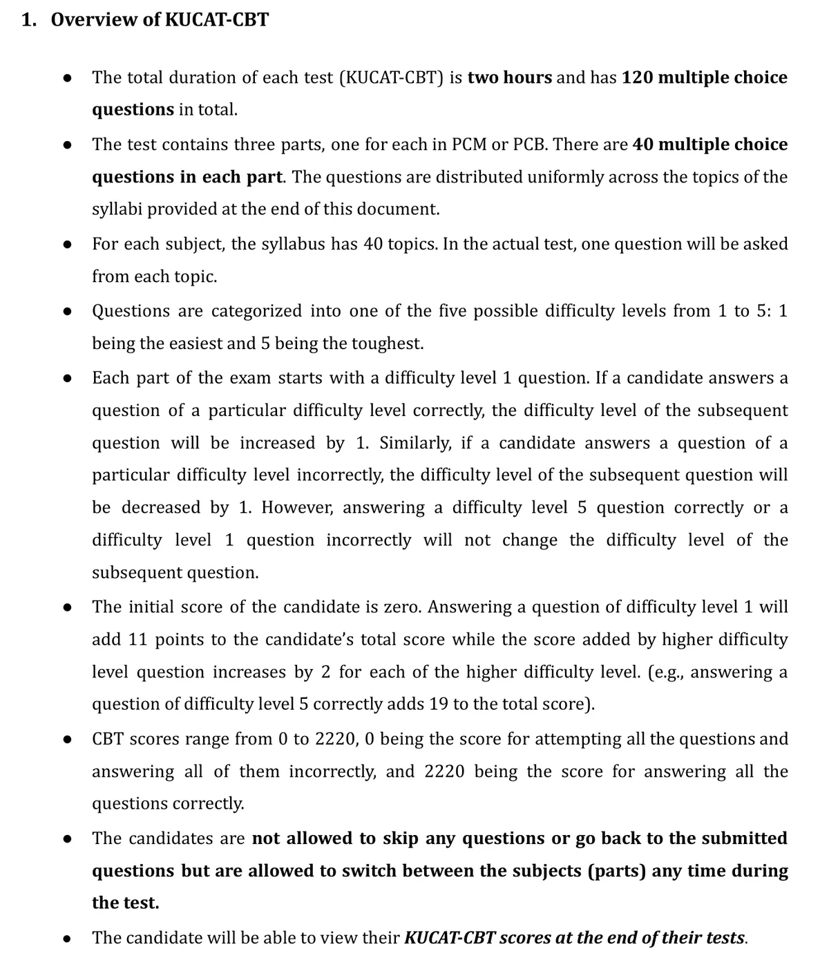 KU’s 2026 test document: 120 questions, adaptive difficulty levels 1 to 5, 11 to 19 points each, scores 0 to 2220