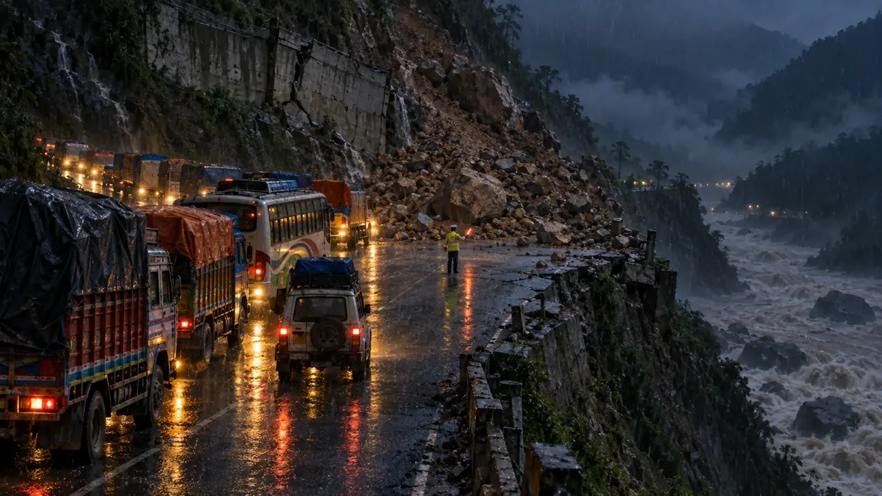 Trucks and buses stopped at night in heavy rain on a cliff road, where a landslide of mud and boulders has buried the tarmac above a raging river. A policeman holds a torch.