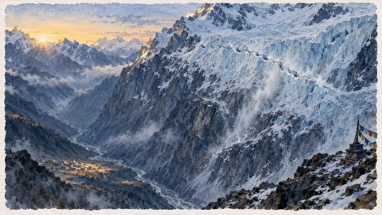 A glacier on a steep rock face above a deep gorge at dawn, with snow sliding from a fresh crack and a small village asleep far below.