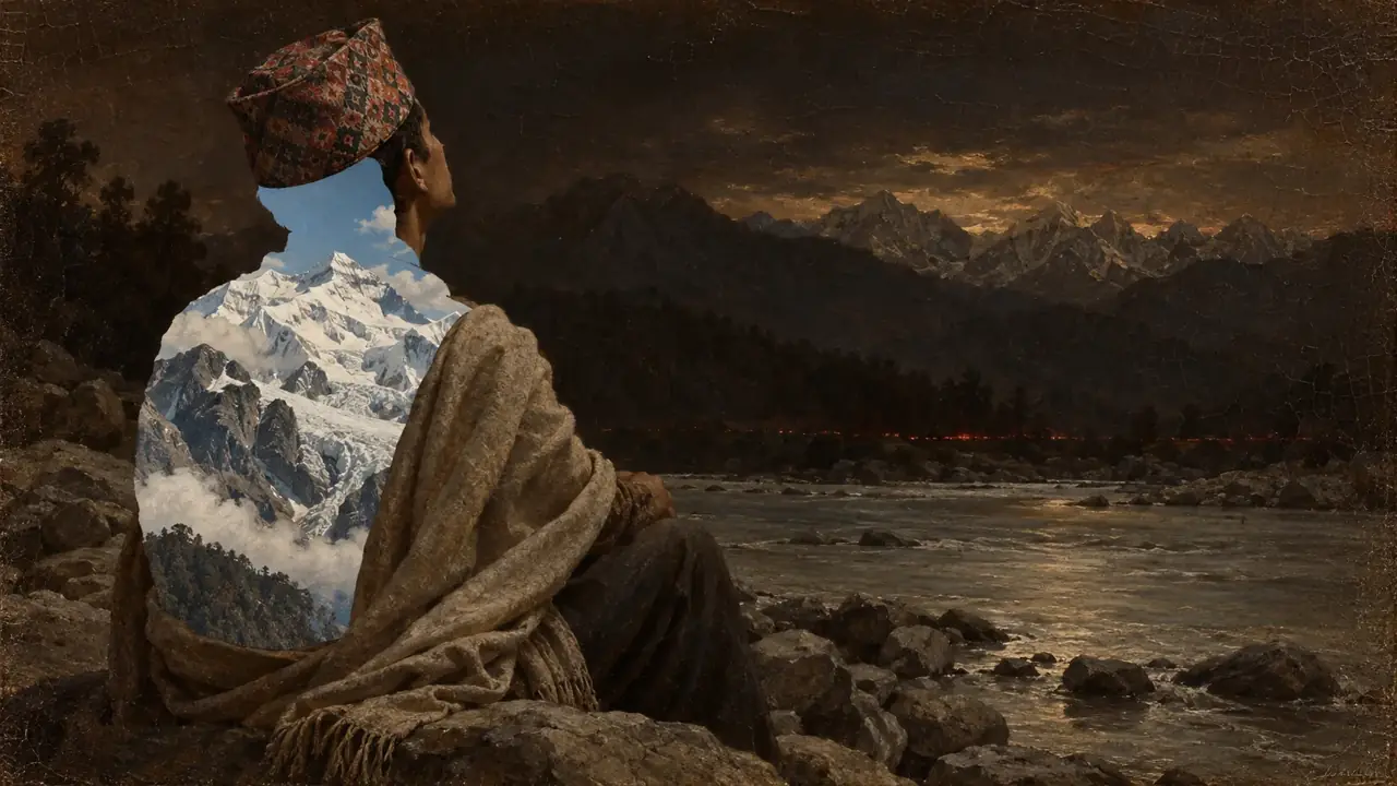Oil painting of a man in a dhaka topi and shawl sitting on a riverbank at dusk, seen from behind. His head and back are cut out like a collage and filled with a glacier and blue sky.