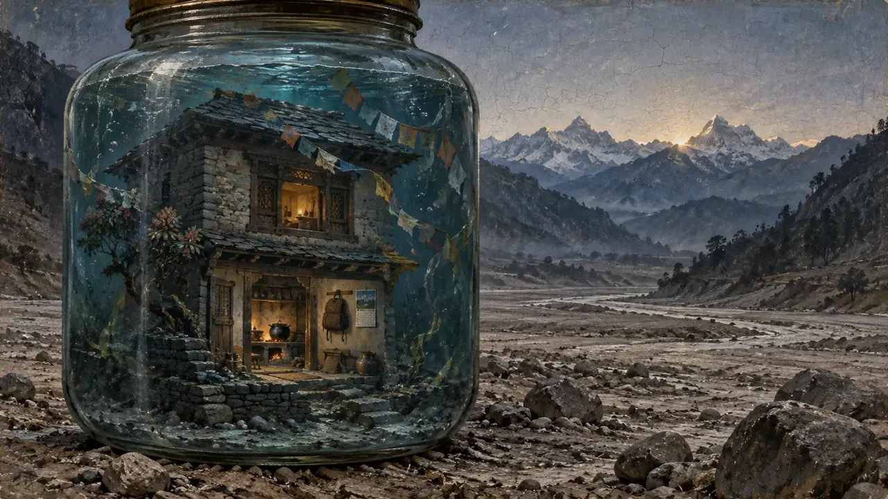 A Nepali stone house with a lit hearth, a school bag and prayer flags, sealed underwater inside a giant glass jar on a dry grey riverbed.