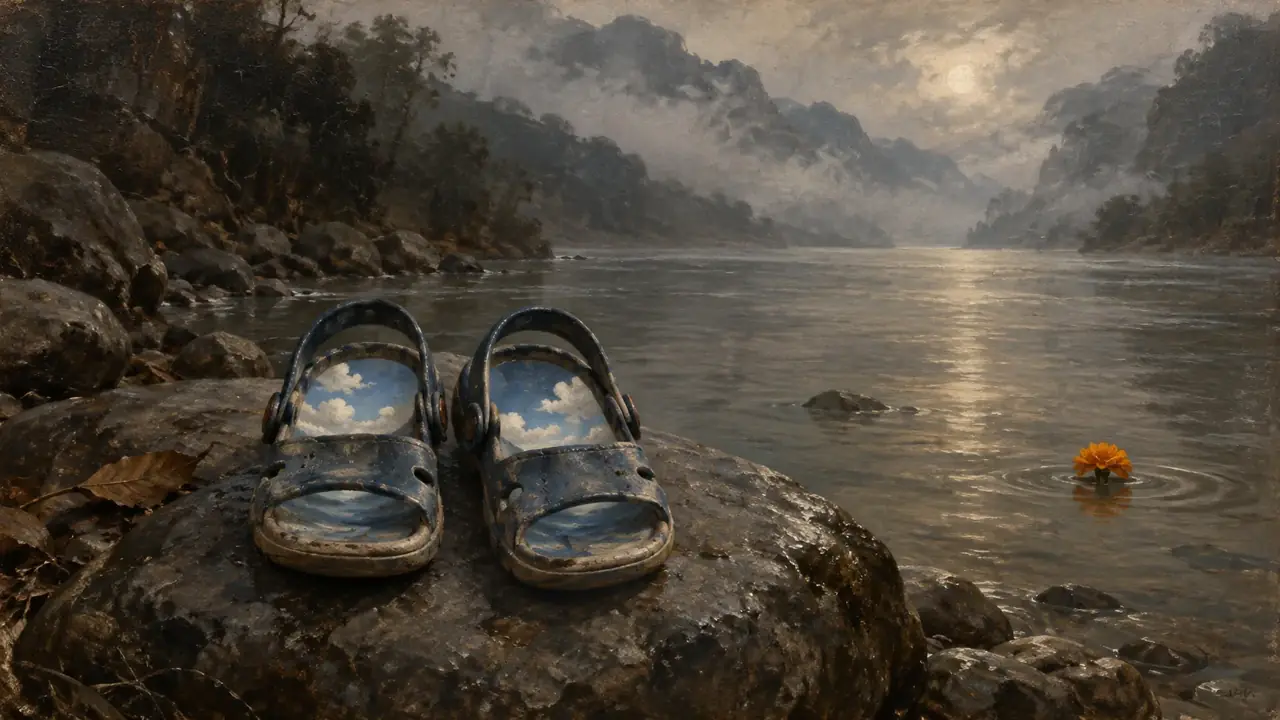A pair of small worn sandals on a river stone, each holding a patch of blue sky and cloud, with a marigold floating on the still river behind.