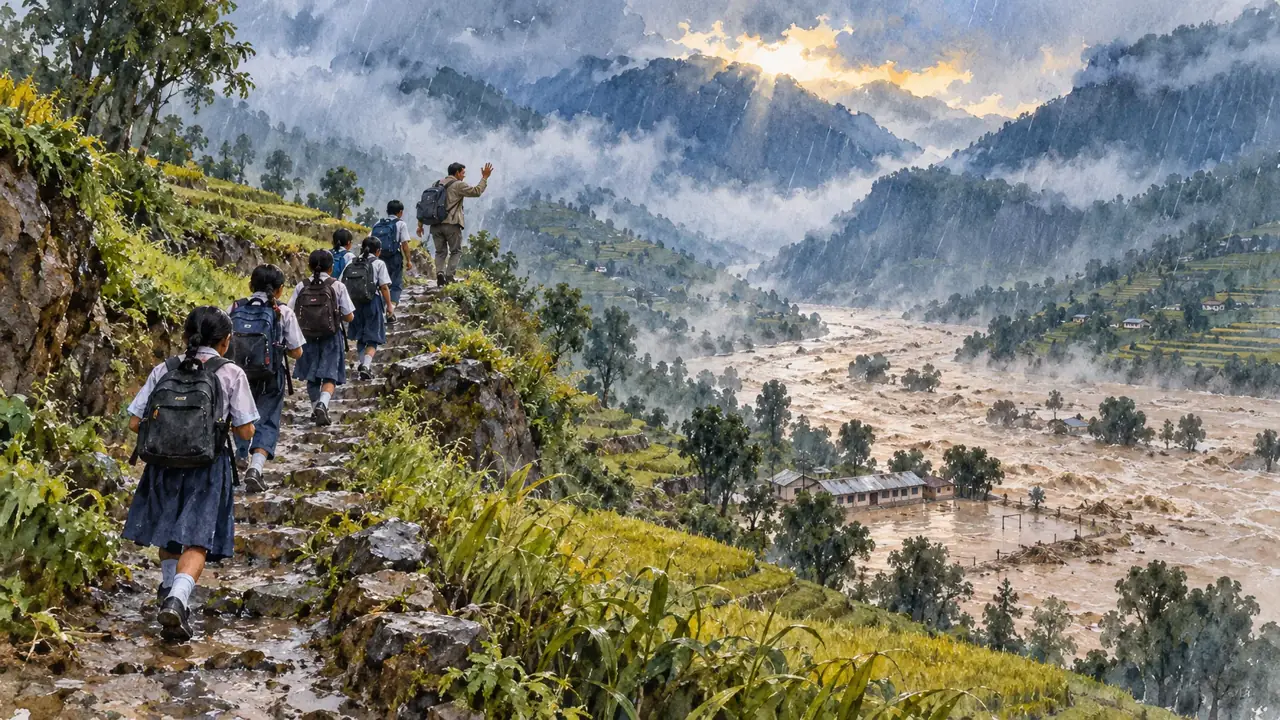 Schoolchildren in uniform climb a terraced stone path behind their teacher while the brown river floods the valley floor and the empty school below.