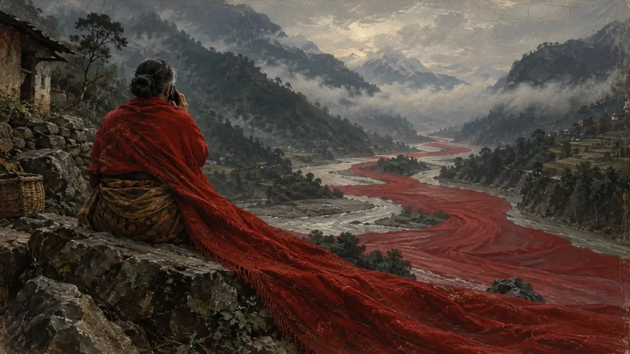An older woman in a long red shawl sits on a rock above the river holding a phone to her ear. Her shawl flows down into the valley and becomes a red river.
