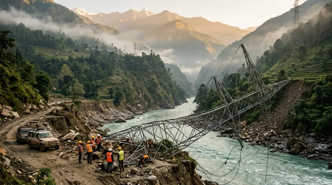 A toppled steel transmission tower on a flood-scoured riverbank in a Himalayan gorge, engineers in hard hats inspecting it