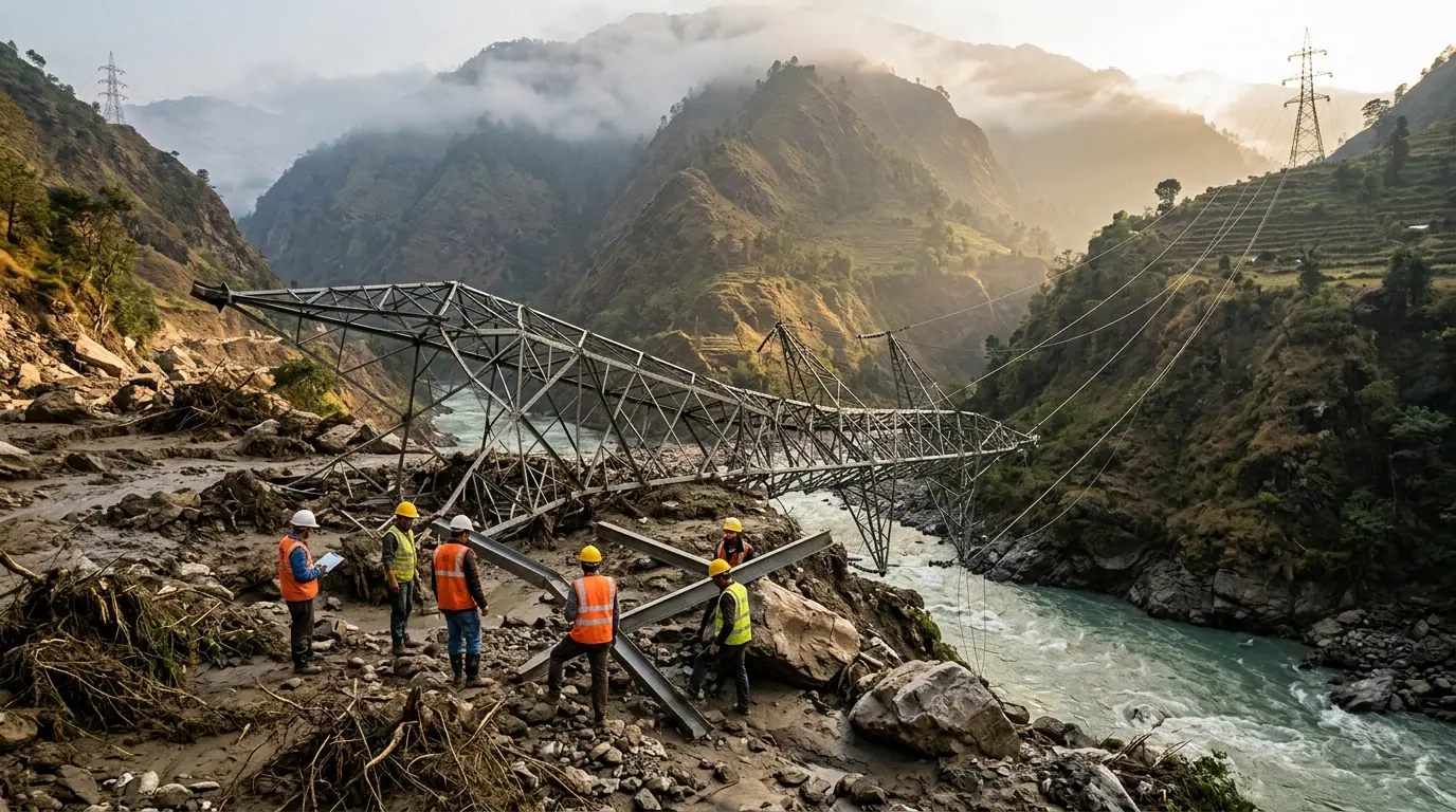 Another view of a toppled steel transmission tower on a flood-scoured riverbank in a Himalayan gorge, engineers in hard hats inspecting it