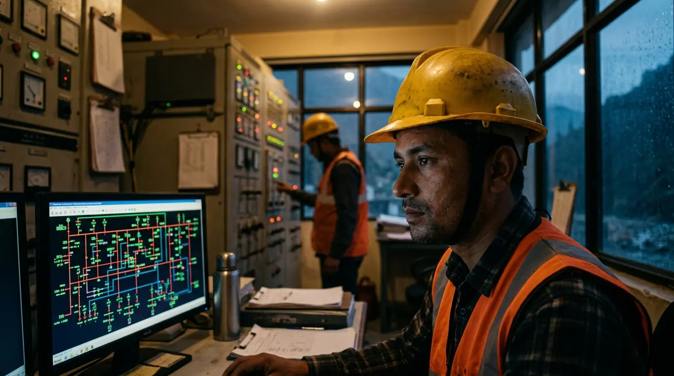 An engineer in a hard hat studies a grid diagram on a monitor in a hydropower control room at dusk