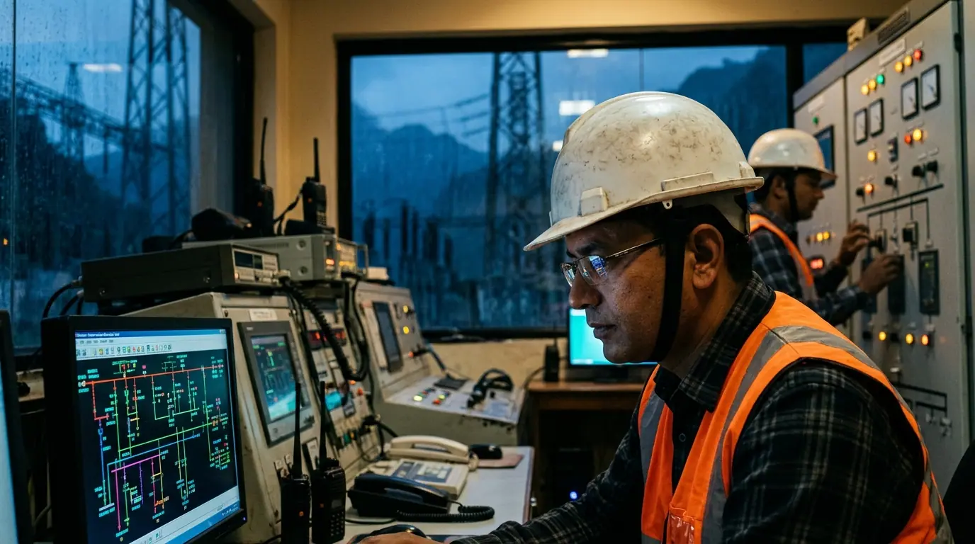 Another view of a control room engineer checking relay panels against a grid diagram